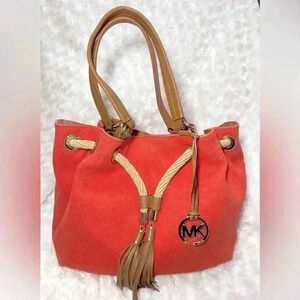 MICHAEL KORS Marina Canvas Drawstring Shoulder Bag Red Orange